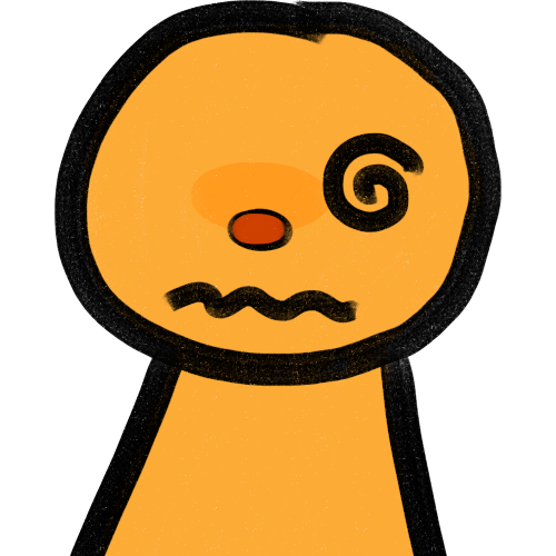 a yellow-orange person with a red nose and a dizzy expression